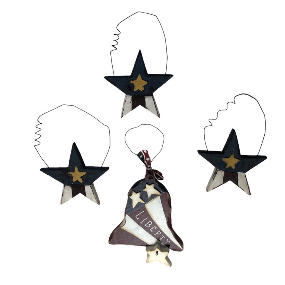 VINTAGE Americana PATRIOTIC Red White & Blue Star And Bell WALL ART Ornament Set